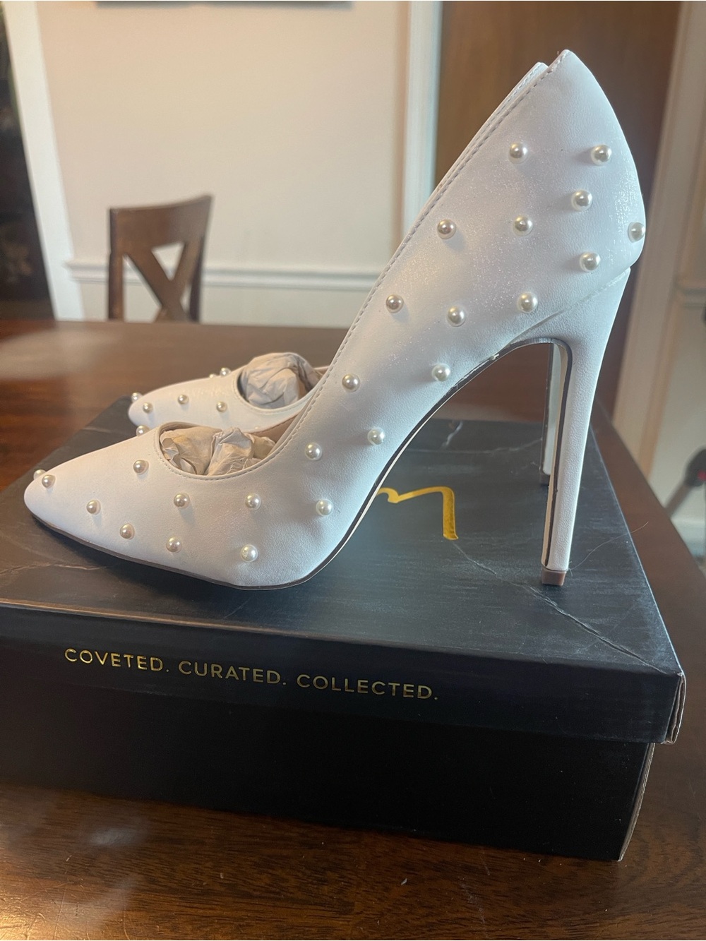 Lulu's White Pearl-Stud Pointed-Toe Heels